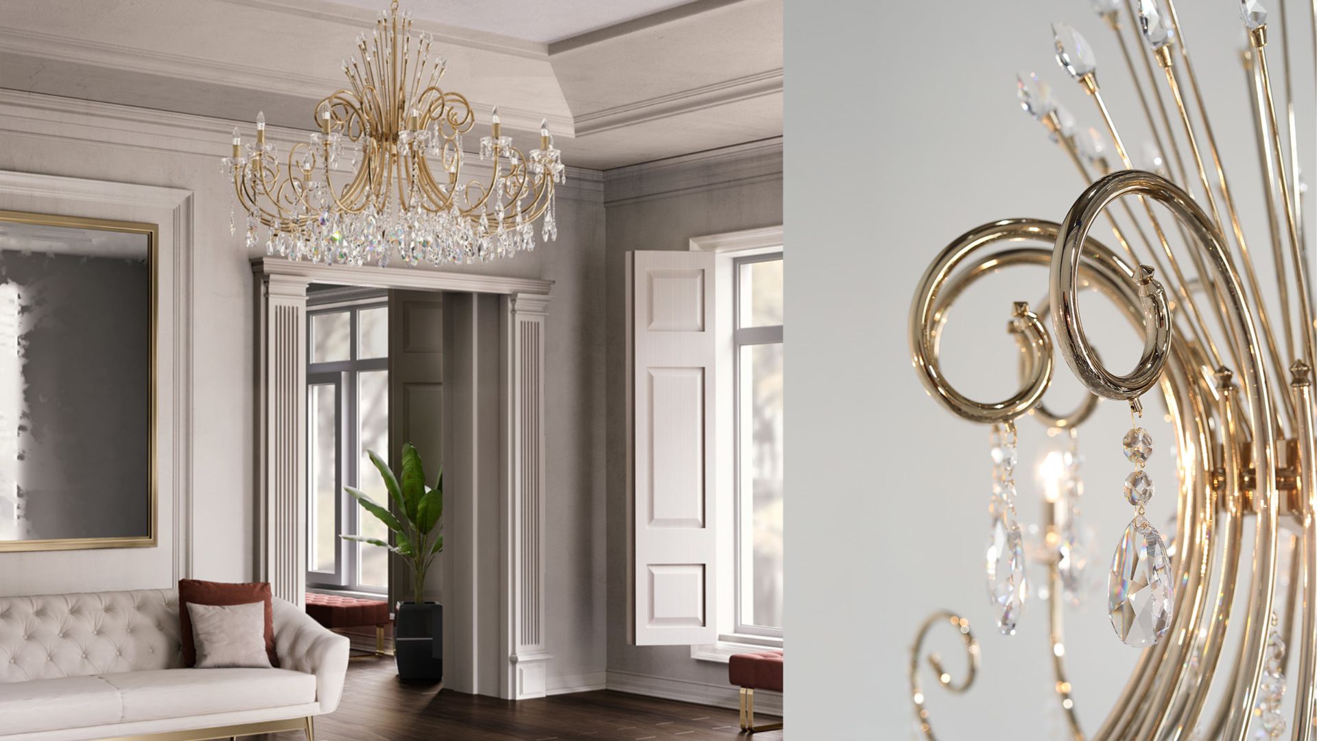 Classic chandelier in an elegant luxury living room interior with traditional architectural details