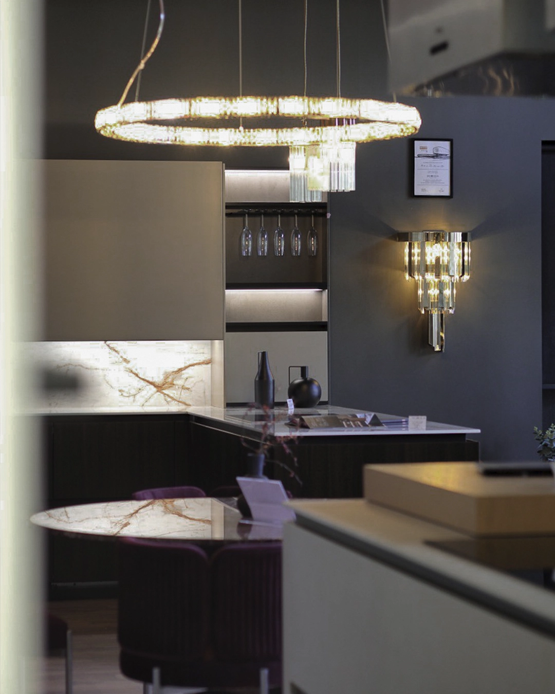 Showroom corner featuring a Castro suspension wall light and pendant, highlighting lighting collaborations celebrating interior design in 2025.