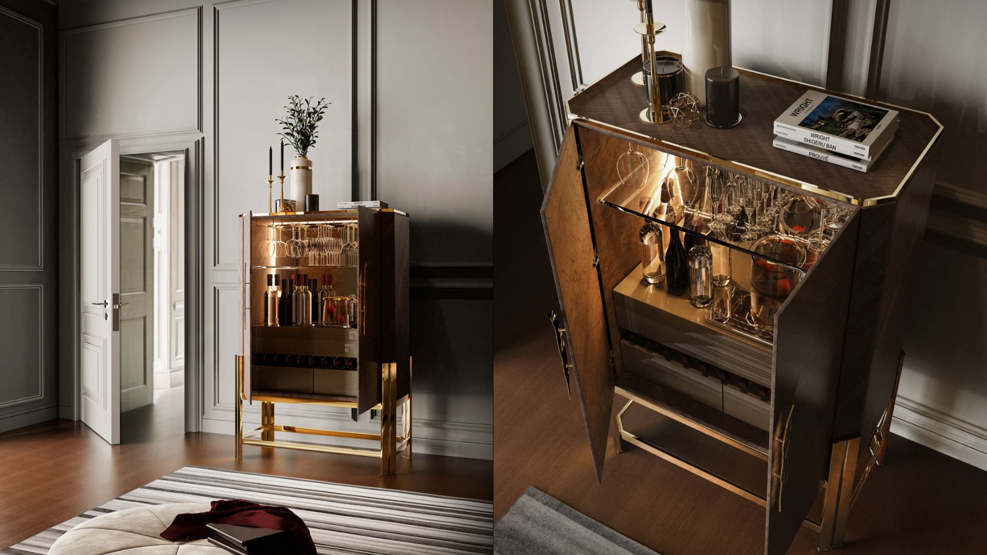 luxury Dionysus cabinet with gold plated details in modern interior design