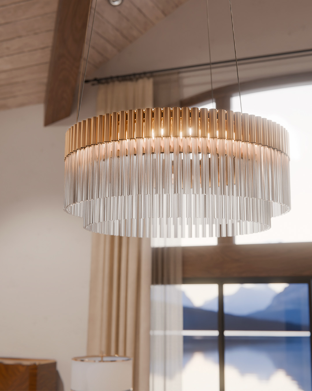 A close-up of the Arcade Suspension, a modern brass chandelier with a sleek, geometric design, hanging over a dining table in an autumnal-toned interior.