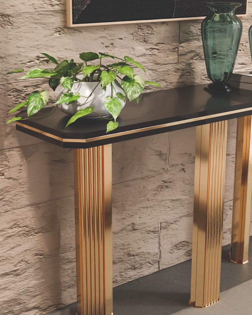 Harp Console with flowing brass elements inspired by harp strings, placed in a luxury interior with layered autumn tones and sculptural lighting pieces.