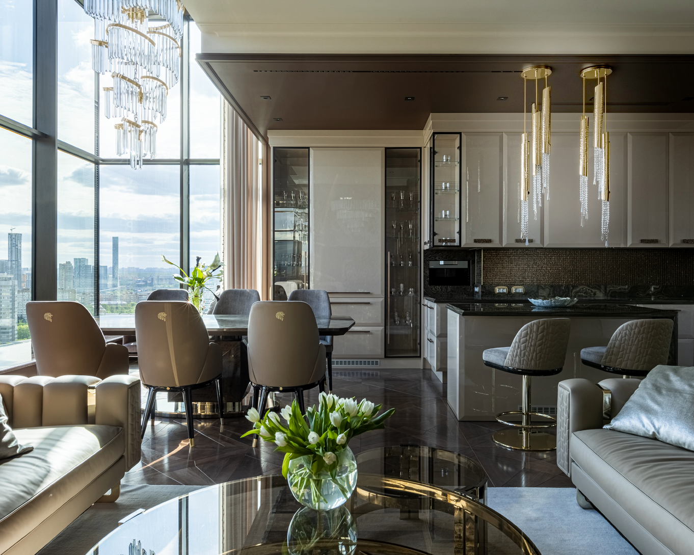 Project by Marina Putilovskaya featuring Avolto Suspension, Marie Center Table, and Twist Suspension by Castro Lighting 
