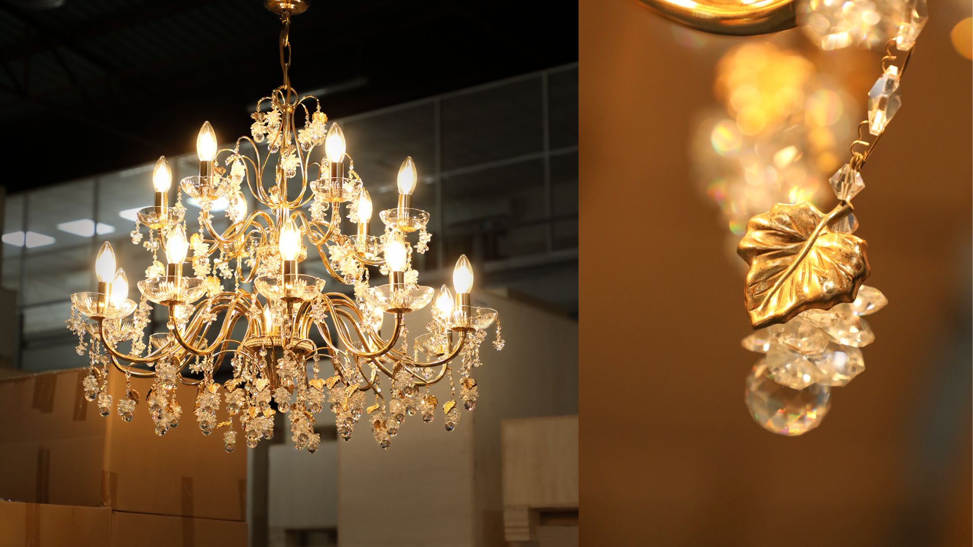 Classic chandelier with softly illuminated lampshades and intricate brass detailing
