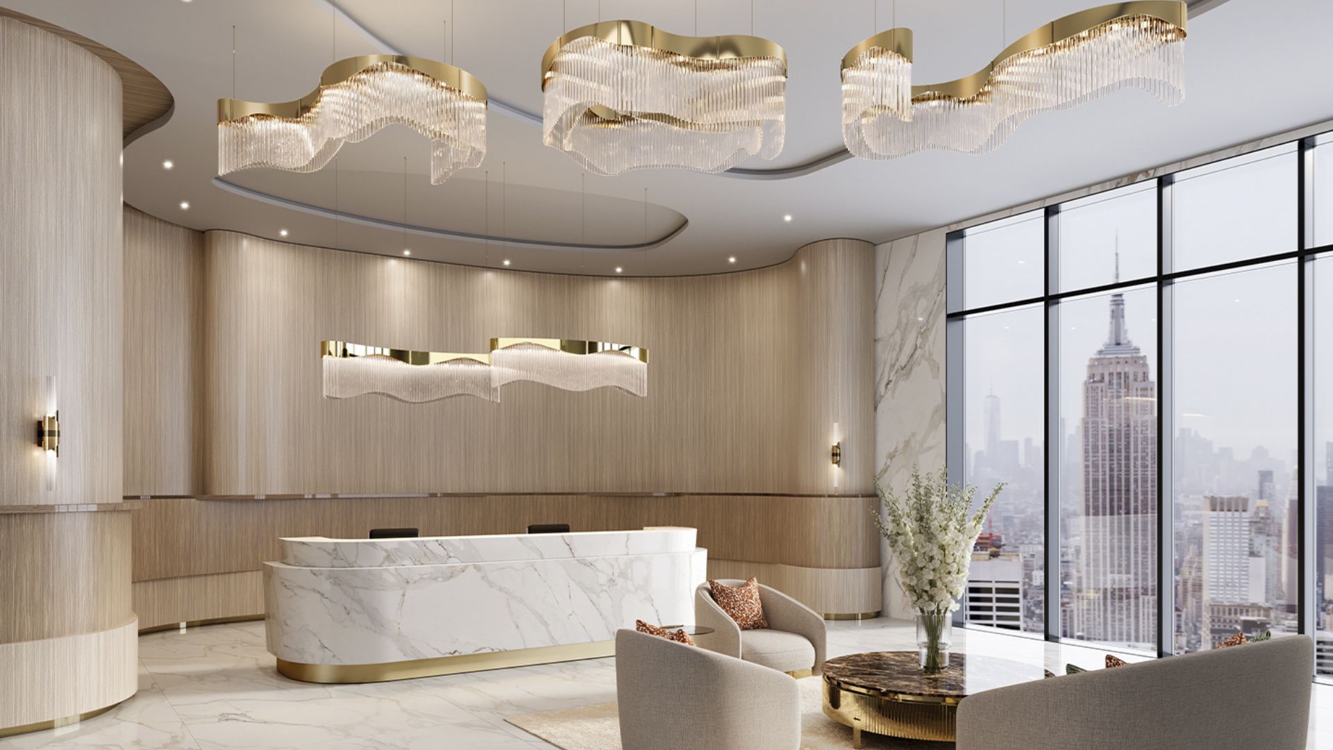 Hotel Lobby featuring Flow Suspension, Flow Linear Suspension, Turbine Wall Light and Tiffany Center Table