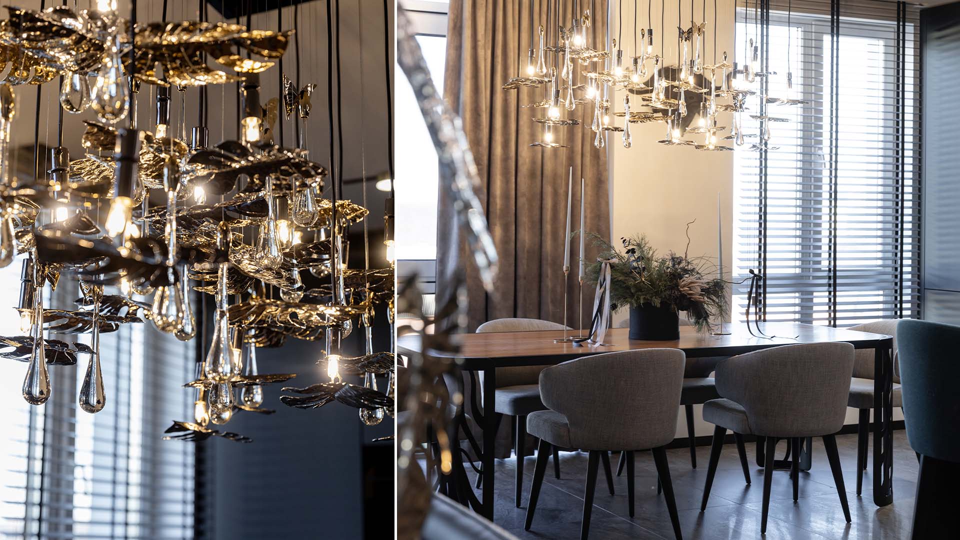 Dining area featuring the Rainforest Suspension by Castro Lighting, with nature-inspired brass forms, crystal raindrop details and a sculptural composition that brings movement and elegance to the interior.