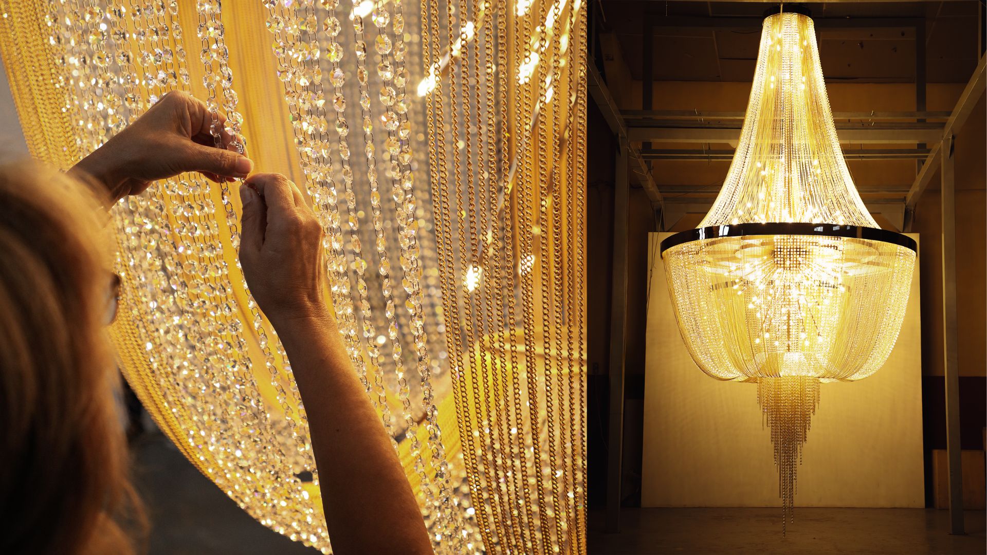 Art deco inspired Gatsby crystal chandelier with modern reinterpretation and structured reflective glass detailing