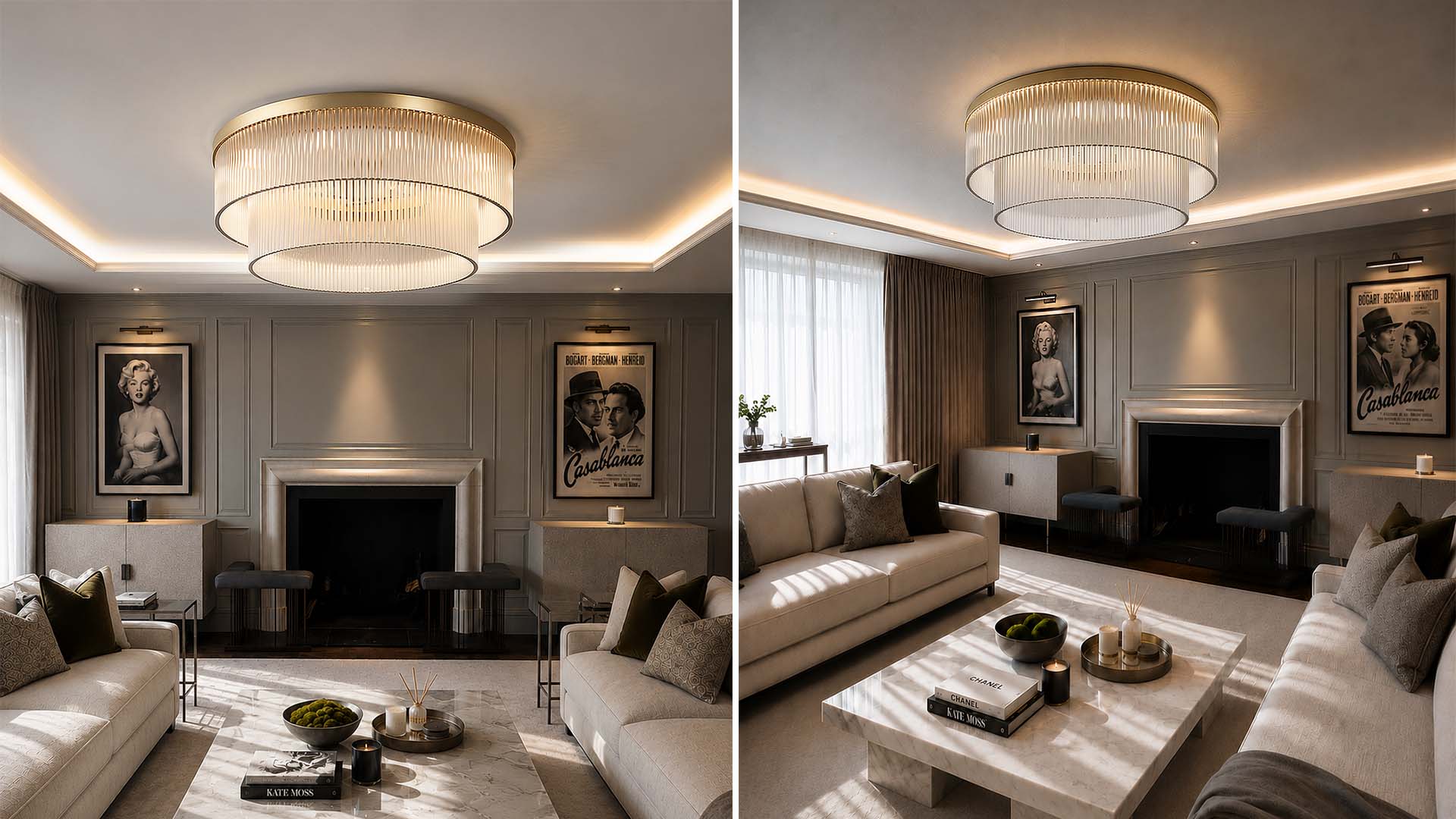 Luxury living room interiors with a circular ceiling light, layered glass details and warm ambient illumination.