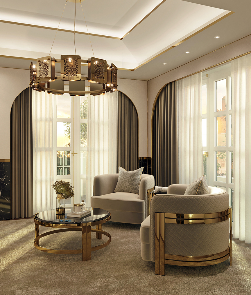 Beige Bedroom featuring Safi Suspension, Marie Maple, and Marie Center Table by Castro Lighting 
