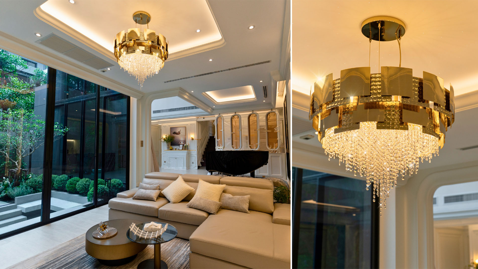 Living room interior featuring the Mondrian Suspension by Castro Lighting, with geometric gold-plated brass elements and cascading crystal details creating a refined statement above the seating area.