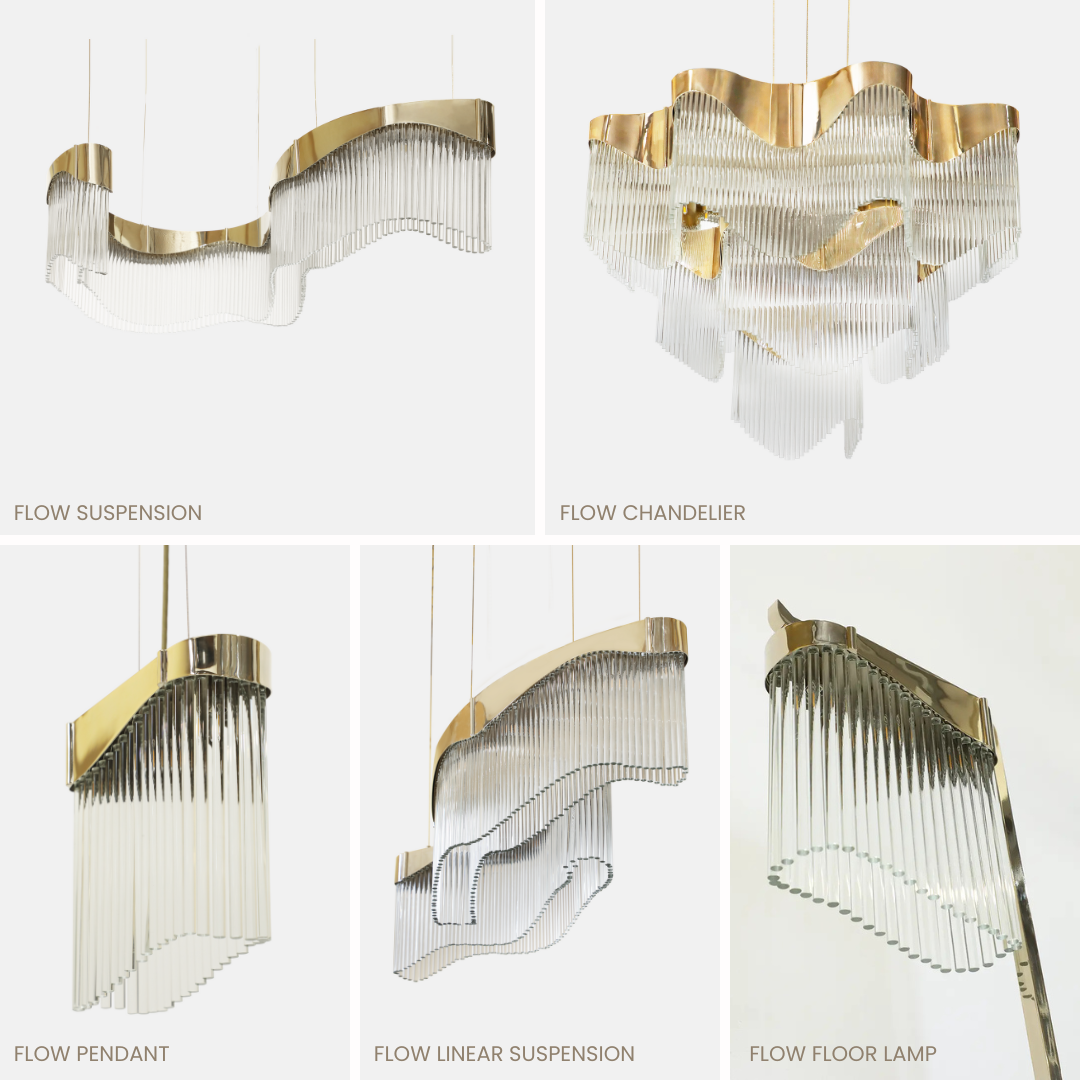 Flow collection lighting pieces, including suspension light, a chandelier, a pendant light, a linear suspension light, and a floor lamp.