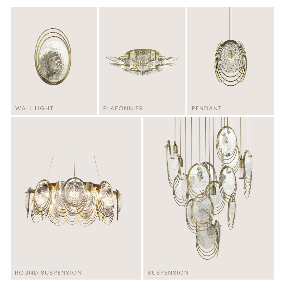 A picture showcasing all the products from the Coral Collection, including the Wall Light, Plafonnier, Pendant, Round Suspension, and Suspension.