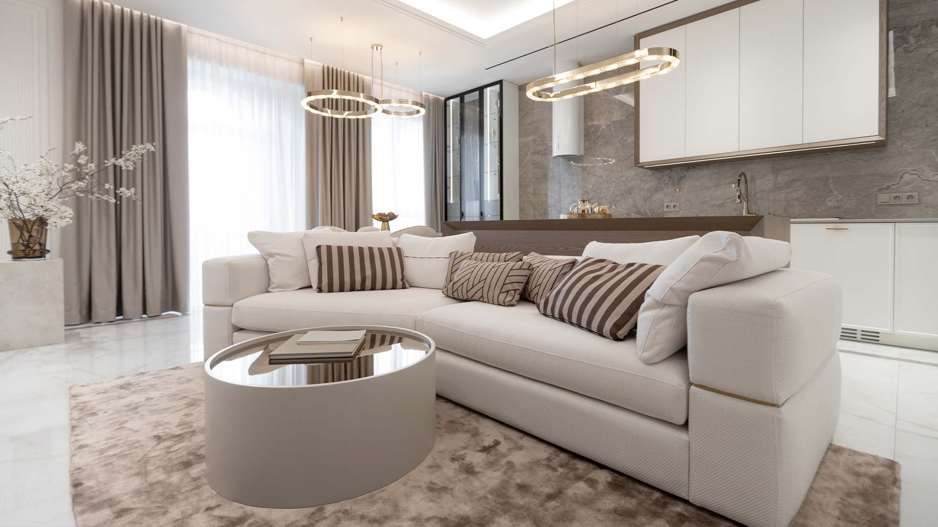 Balance interior project with neutral tones, soft textures, architectural lines and sculptural lighting creating a refined sense of contrast and harmony.