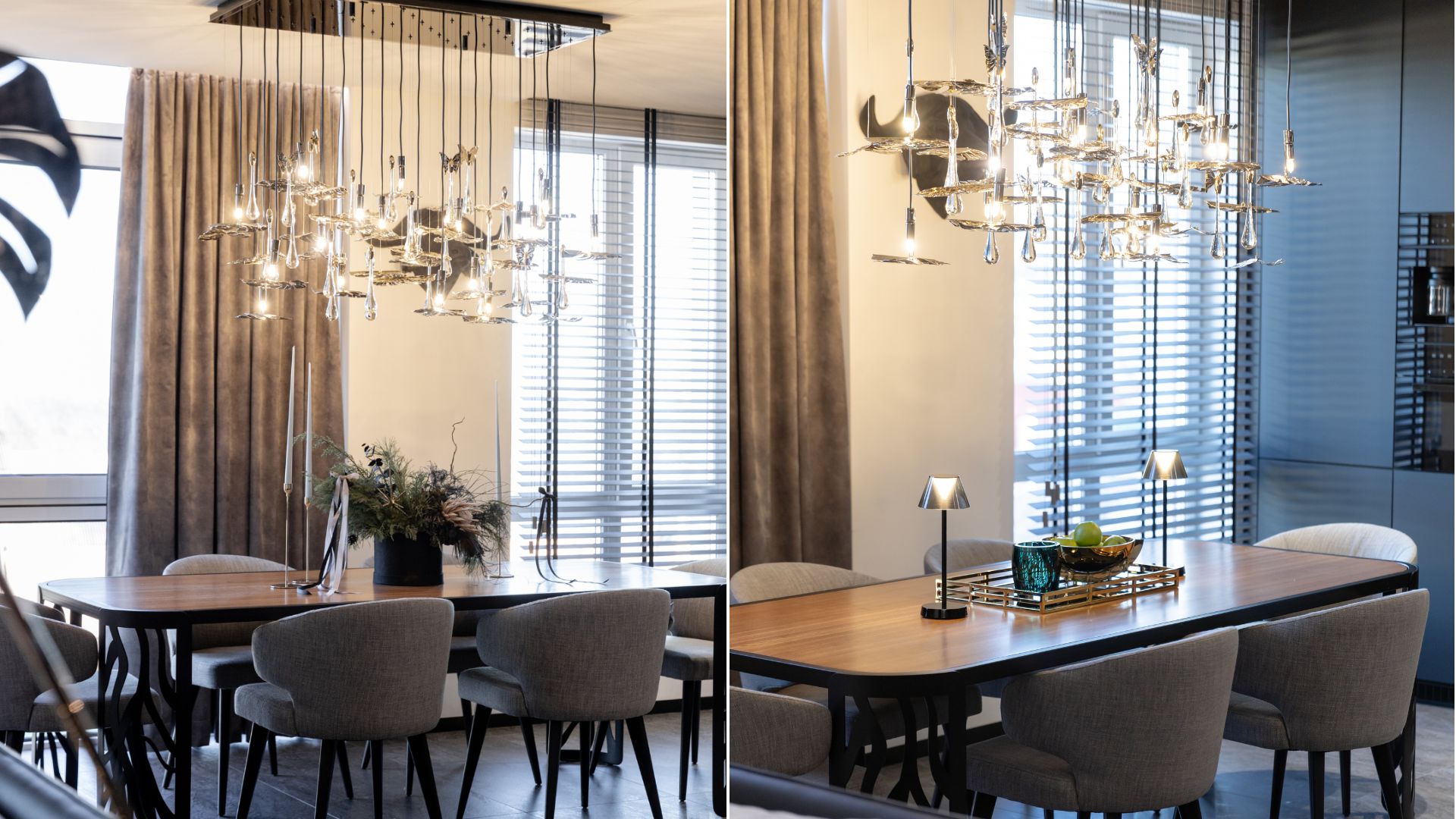 Rainforest Suspension transforming a Kyiv dining room with bespoke luxury lighting.