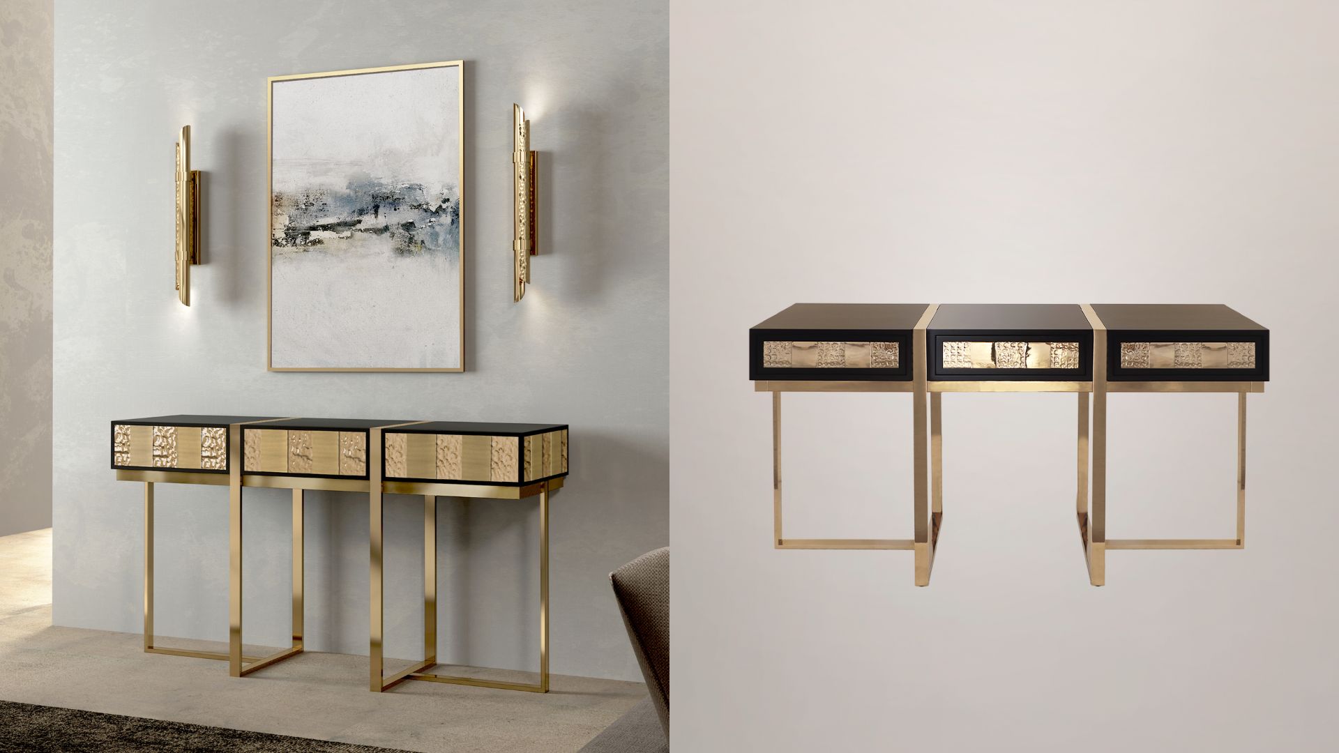 Mondrian cabinet with geometric design and gold brass finish