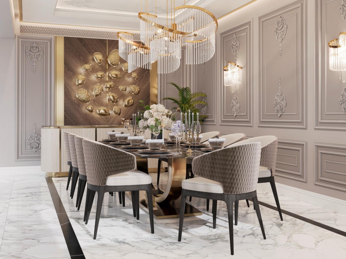 Elegant dining room of a luxurious villa in Nicosia, Cyprus features Castro Lighting's Mastery Wall Light, Twist Suspension, and Twist Wall Lights 