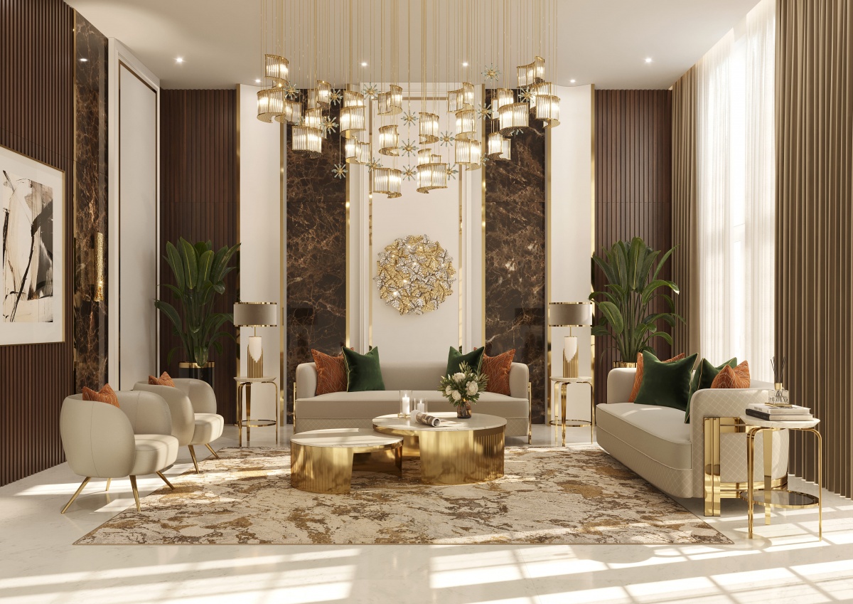 Neutral Living room with pastel hues featuring Streamline Table lamp, Moon Center Table, Marie Sofa, Chiara Armchairs, and Perla Side Table