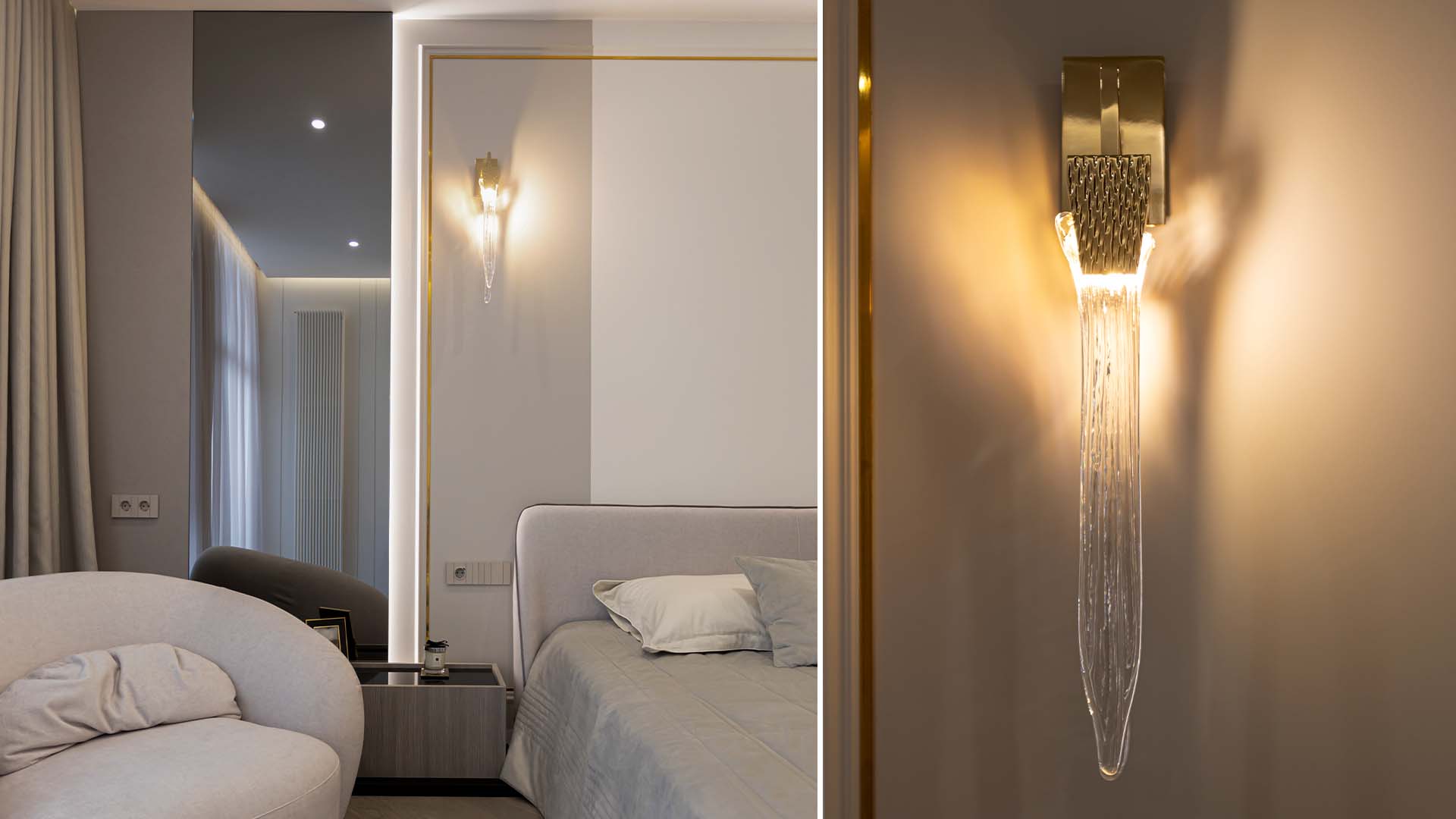 Bedroom interior featuring the Stala Wall Light by Castro Lighting, with an elongated crystal element and warm brass structure creating a refined ambient glow beside the bed.