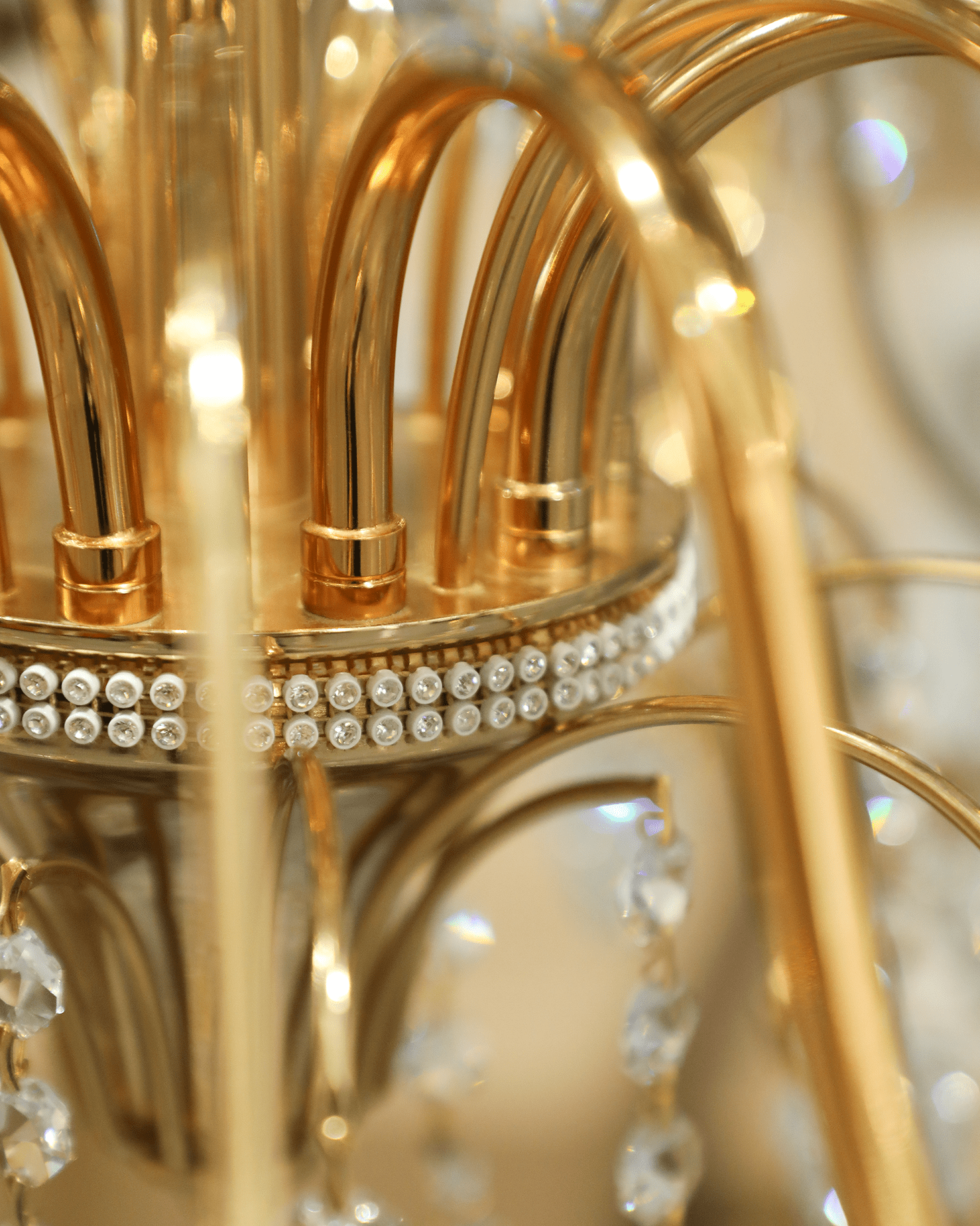 Restored Tanger Suspension chandelier in a Portuguese home, showing meticulous crystal detailing and the original finish that has endured for 38 years.