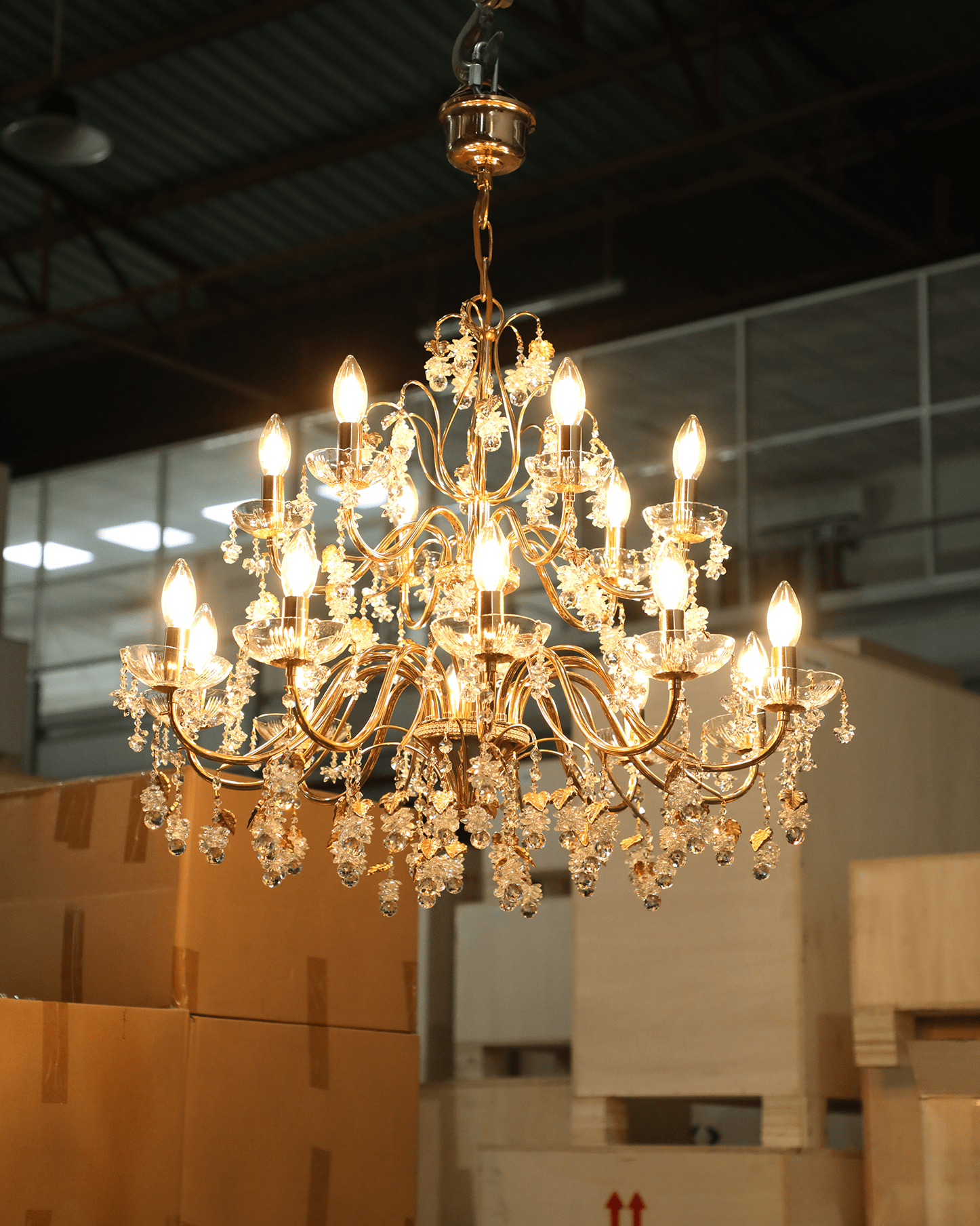 Restored Tanger Suspension chandelier in a Portuguese home, showing meticulous crystal detailing and the original finish that has endured for 38 years.