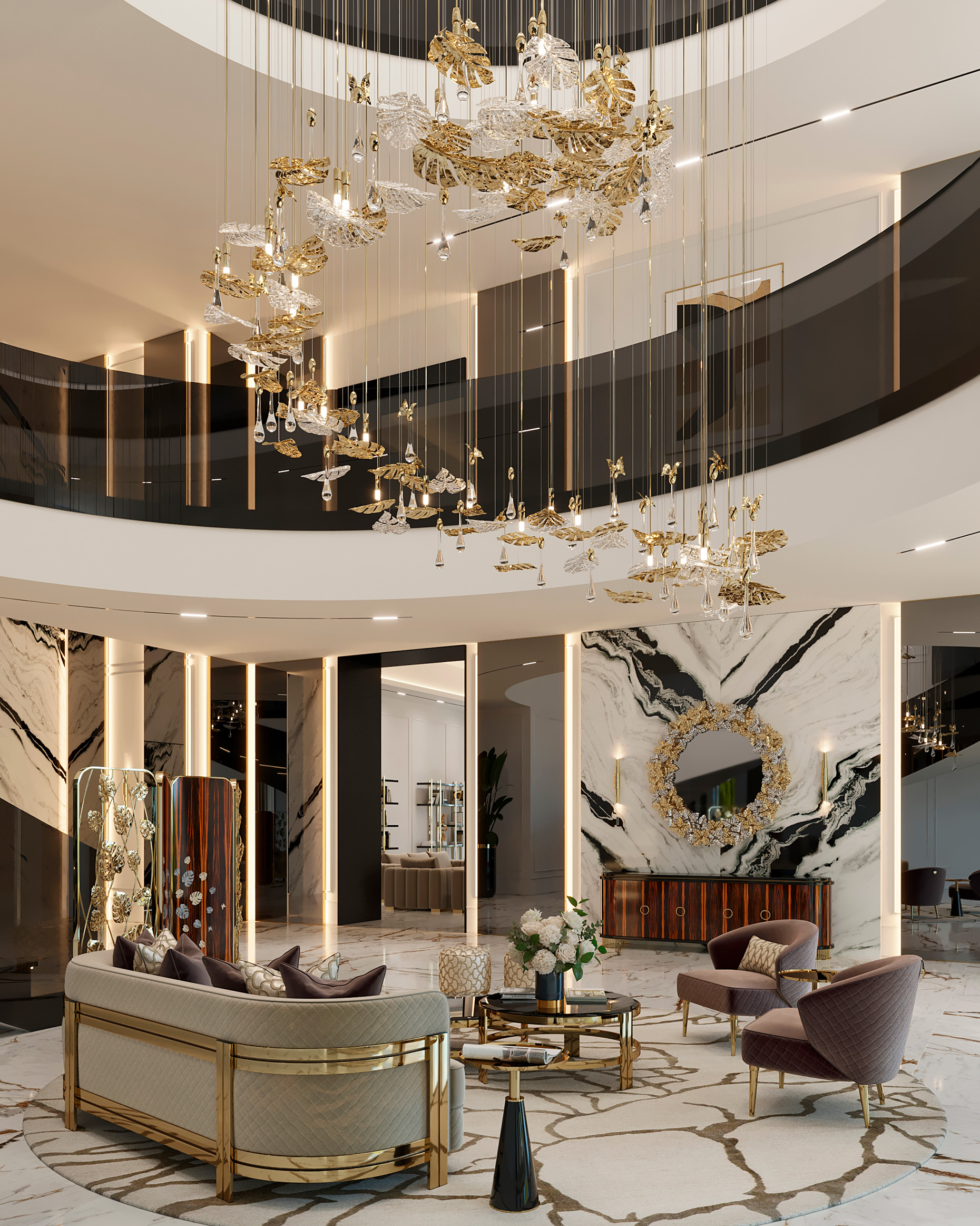 Rainforest suspensioj with glass leaves and golden brass leaves. Big chandelier for lobby, hotel entryway, high ceiling