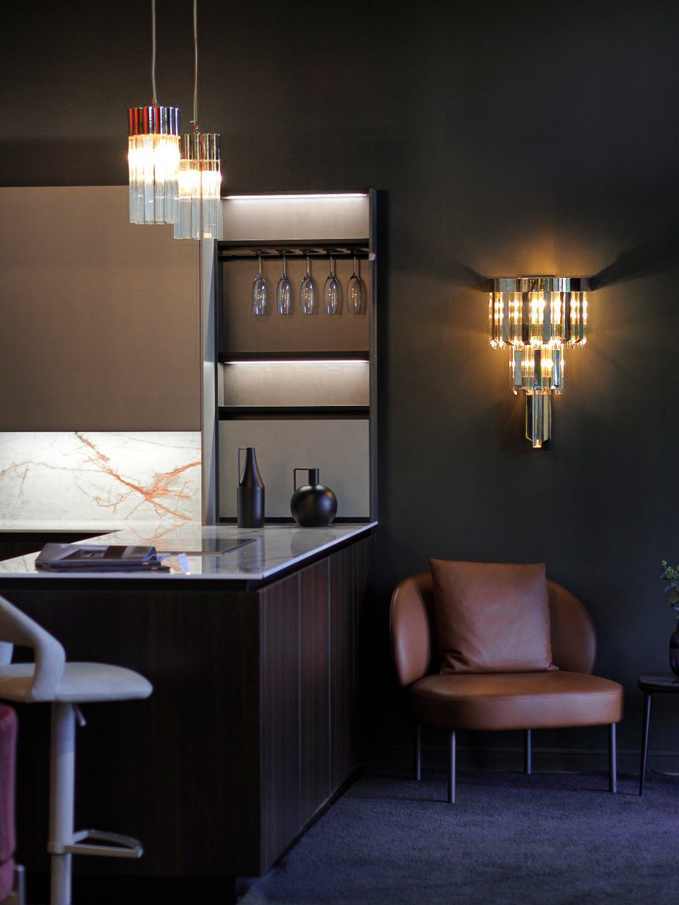Skylar Wall Light in Decoracia showroom Moscow, showcasing sleek modern design and elegant brass finish.