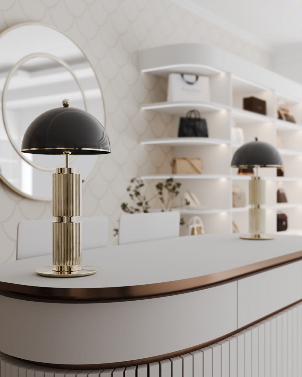 Luxury wardrobe closet featuring Elea Table Lamps in gold-plated brass finish