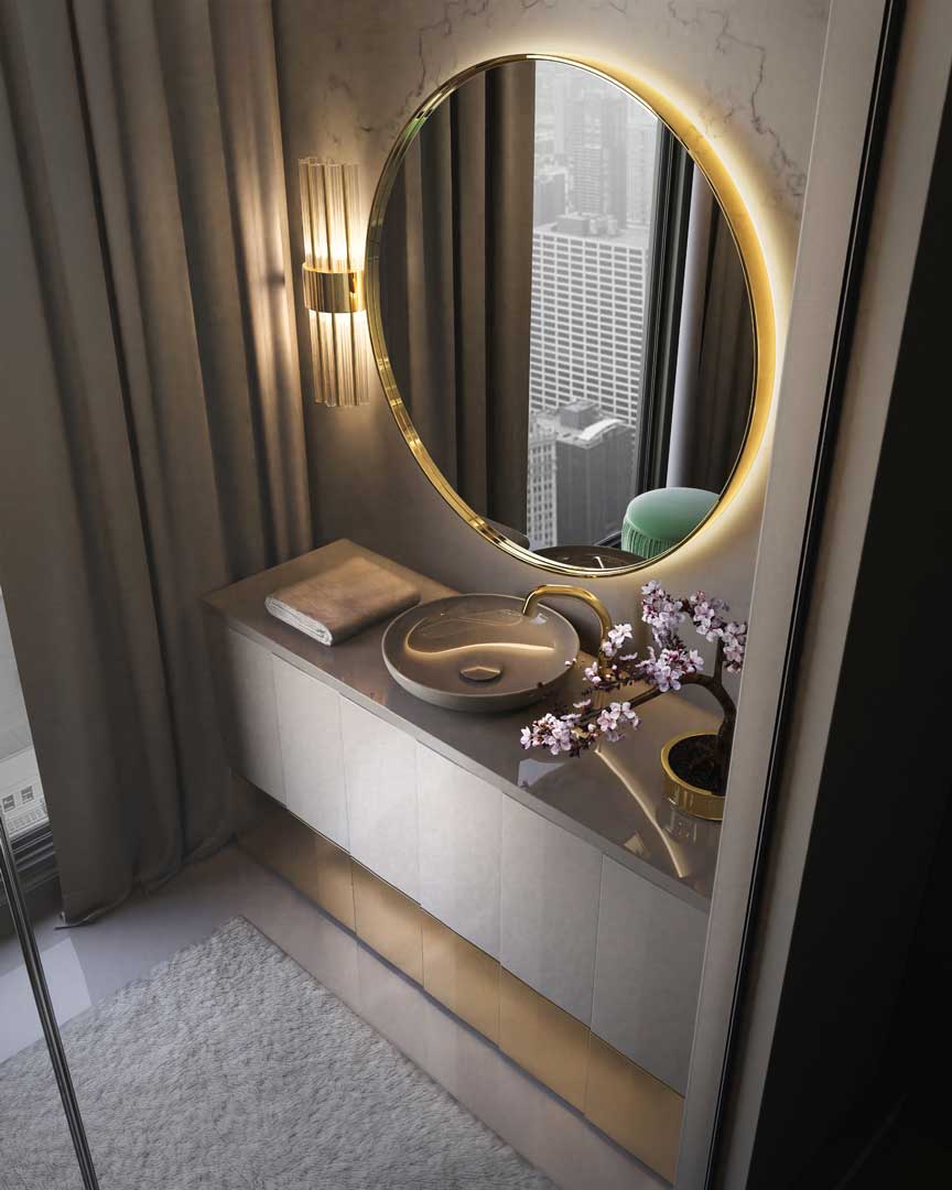 Modern Powder Room featuring Halma Wall Light and Ammira Mirror by Castro Lighting