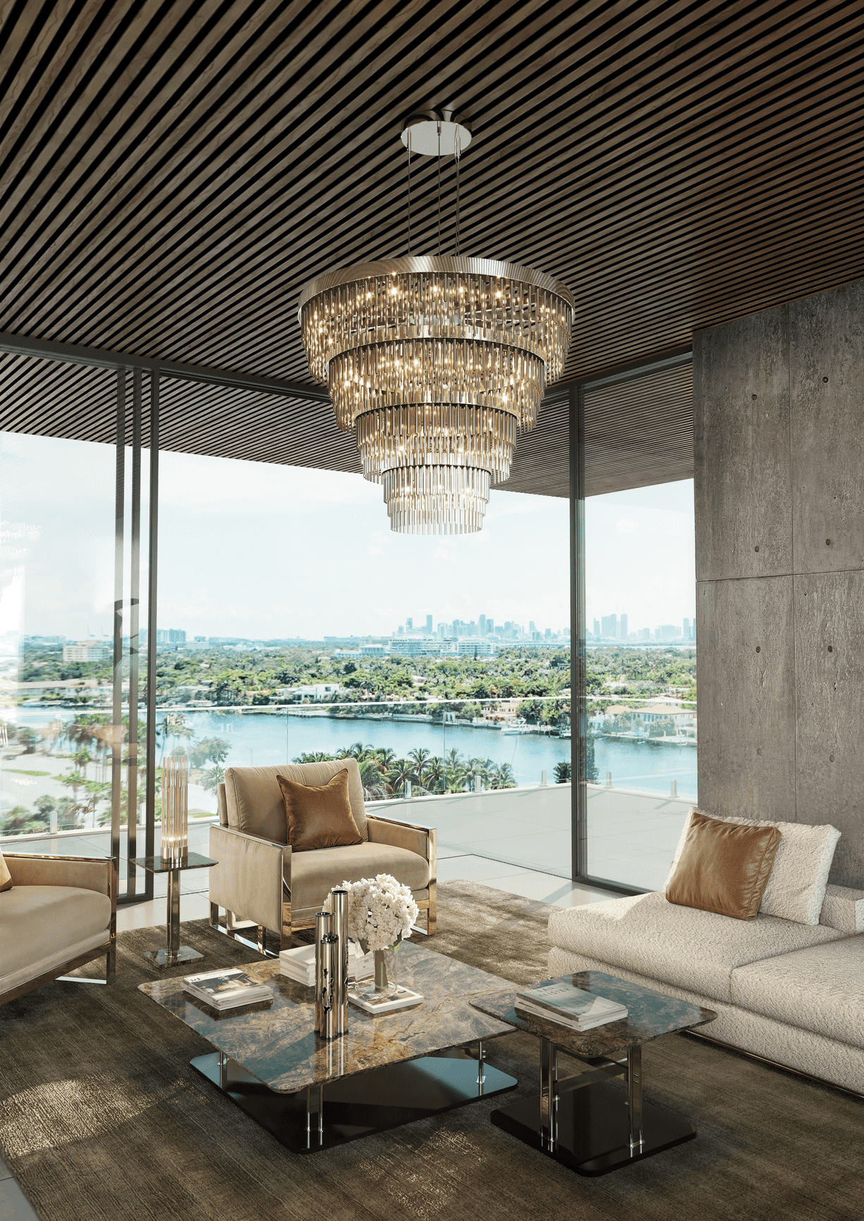 Luxury Living Room Ideas featuring Streamline Suspension, Streamline Table Lamp, Pablo Armchair, Safari Vase, Columns Center Table by Castro Lighting and Castro Interiors