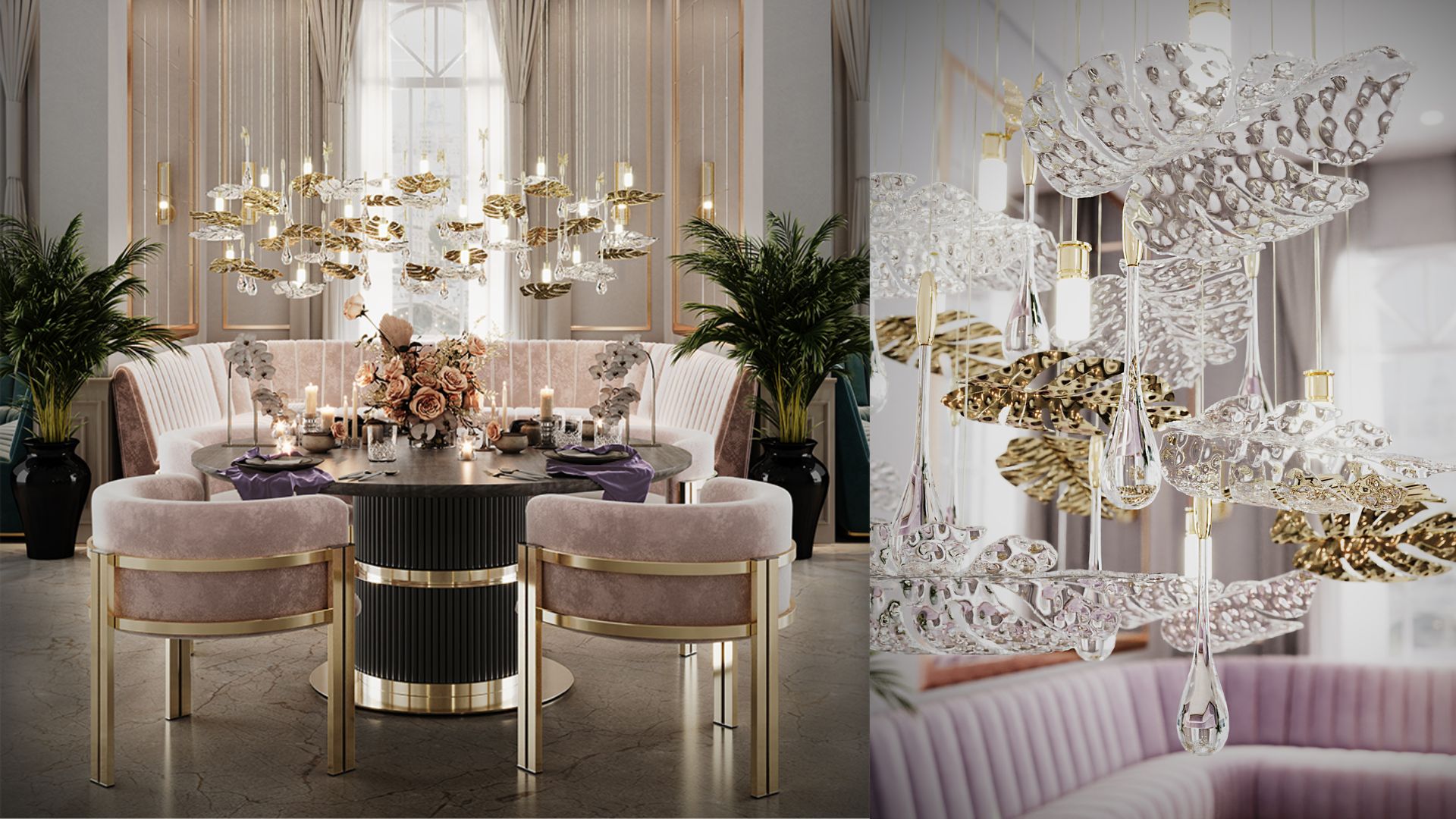 Dining Room featuring Rainforest Suspension, Élea Round Table and Marie Chair | Castro Lighting