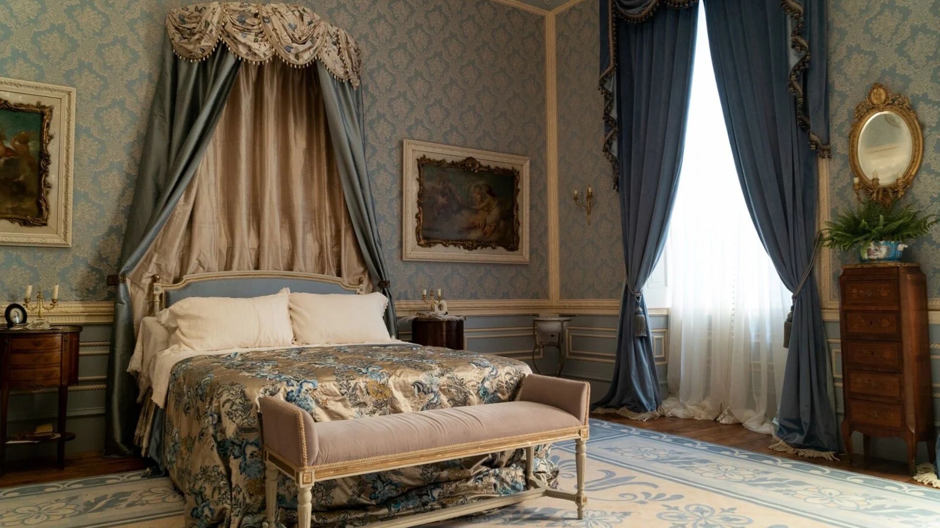 Romantic luxury interior from Netflix’s Bridgerton Season 4, showcasing soft pastel colours, decorative wall details and a refined Regency aesthetic.