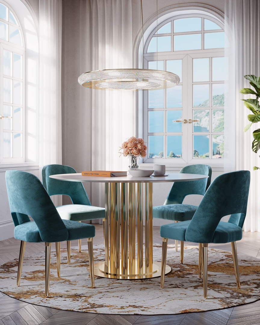 Summer Interior Design trends 2025 featuring Arielle Suspension and Anna Blue Dining Chairs by Castro Lighting 
