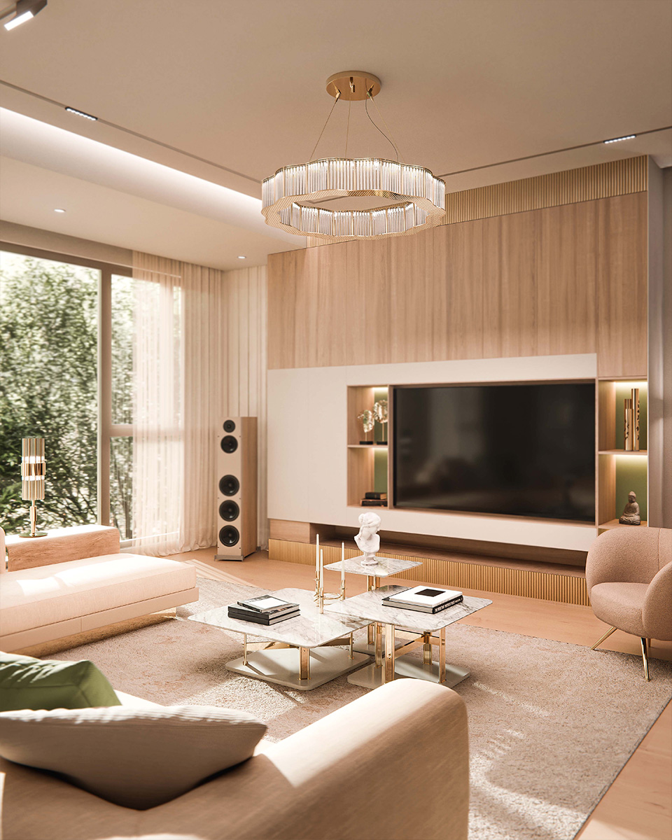 Modern Living room featuring Cosmopolitan Round Suspension, Halma Table Lamp, Columns Center Table, Safari Vase, Marigold Decor, Chiara Armchair, Novel Candle Holder by Castro Lighting in Beige Pastel Tones