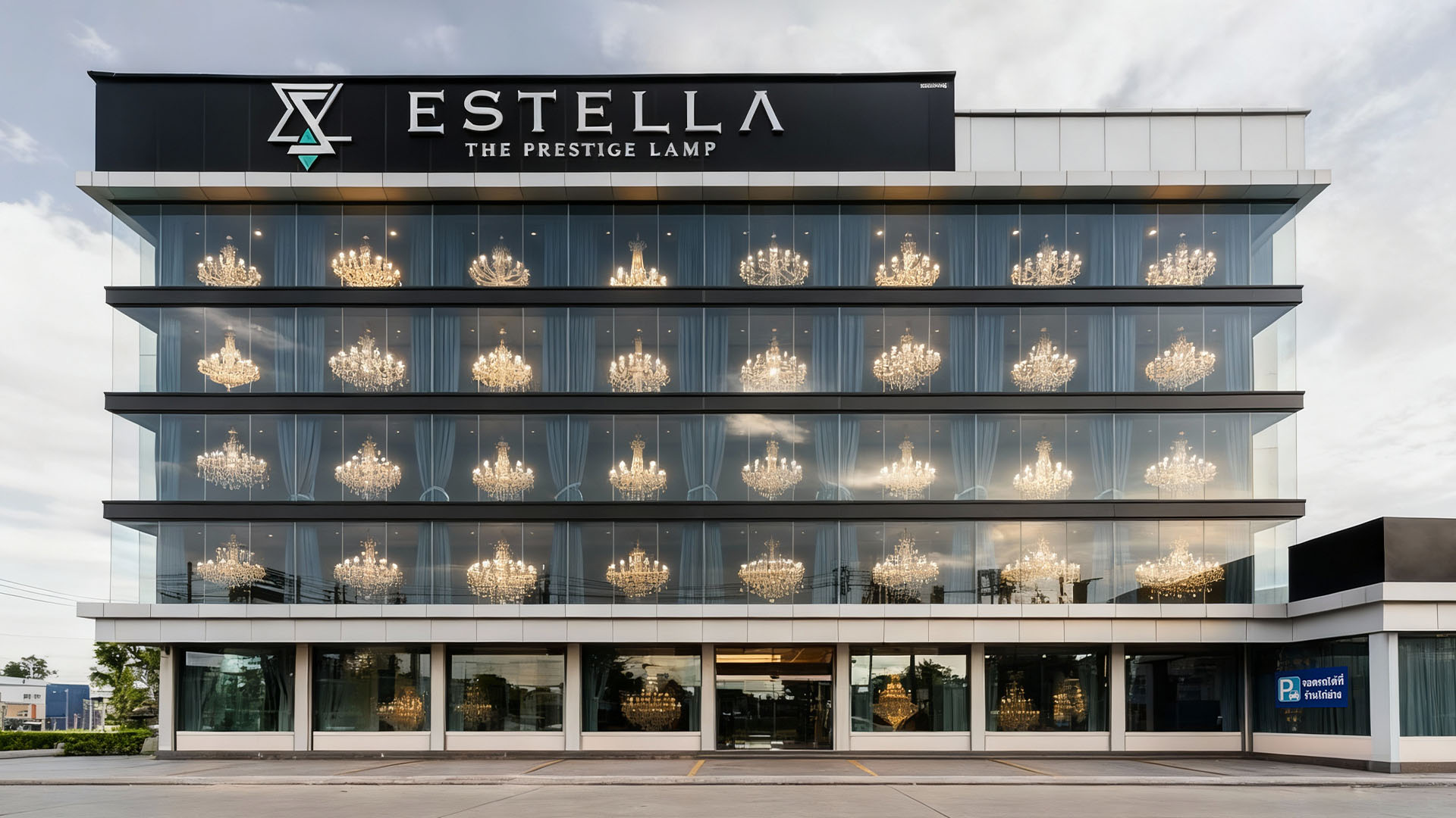 Exterior of the Estella Prestige showroom in Bangkok, featuring a glass façade displaying multiple illuminated crystal chandeliers across several floors.