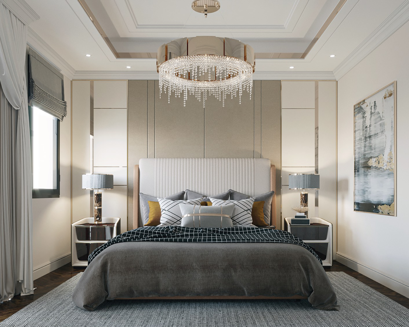 Elegant Bedroom Project by SS Interiors, Vietnam featuring Mondrian Suspesion and Sparta Table Lamps by Castro Lighting 