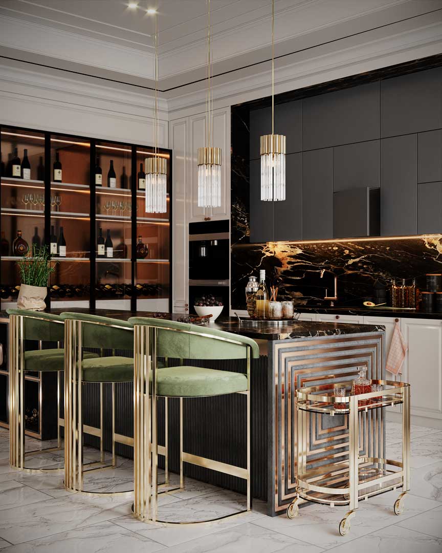 Modern Kitchen Ideas featuring harp Bar Chair in green, Marie Tea Cart, and Arcade Pendant  by Castro Lighting