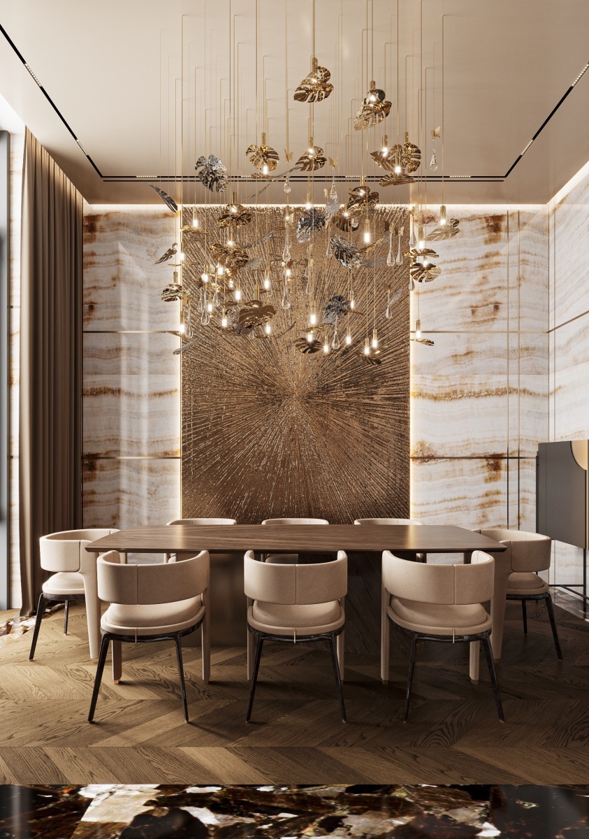 An awe-inspiring dining room project in Dubai by Viktoriya Pankova that exudes opulence and captures the essence of contemporary elegance.