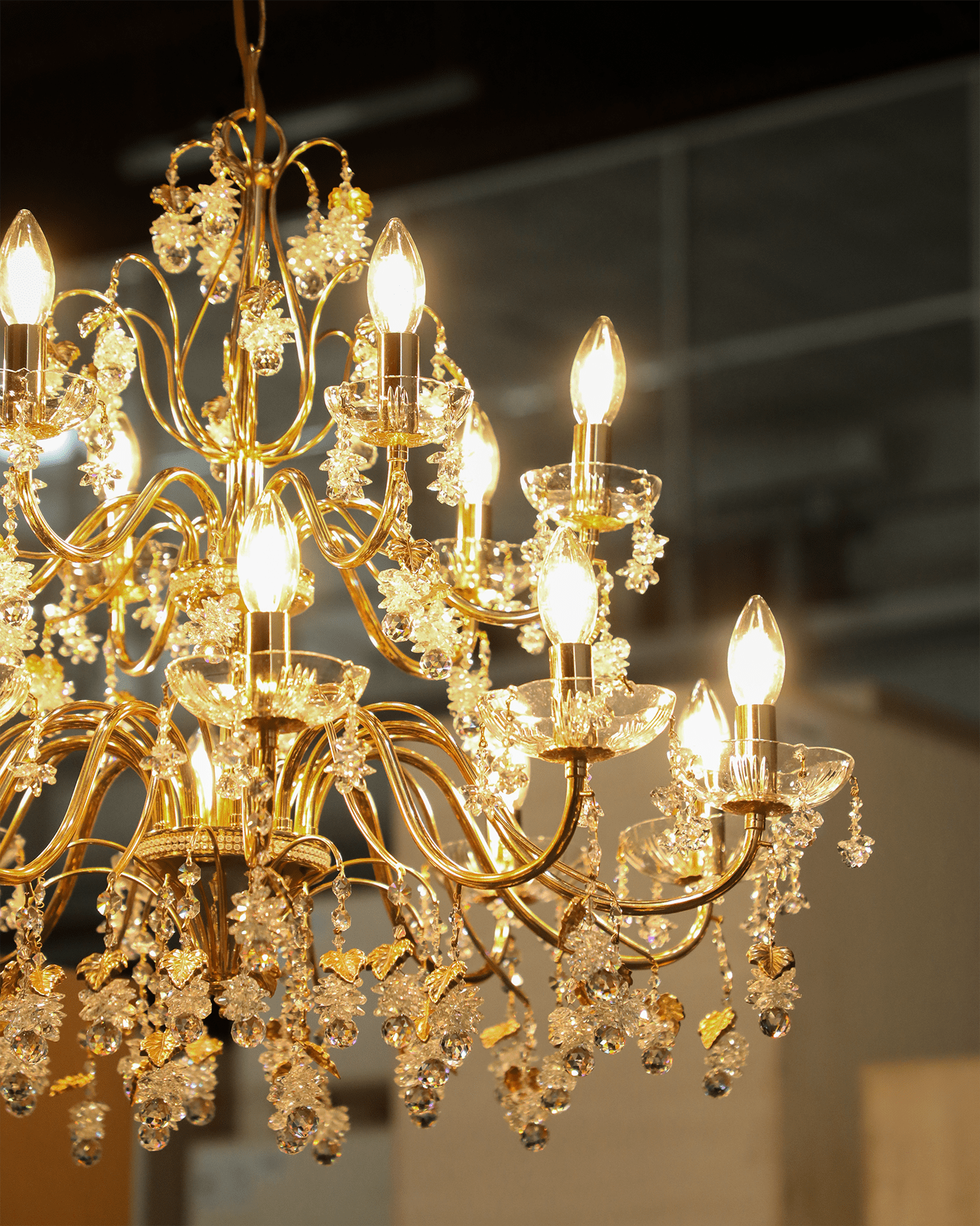 Restored Tanger Suspension chandelier in a Portuguese home, showing meticulous crystal detailing and the original finish that has endured for 38 years.