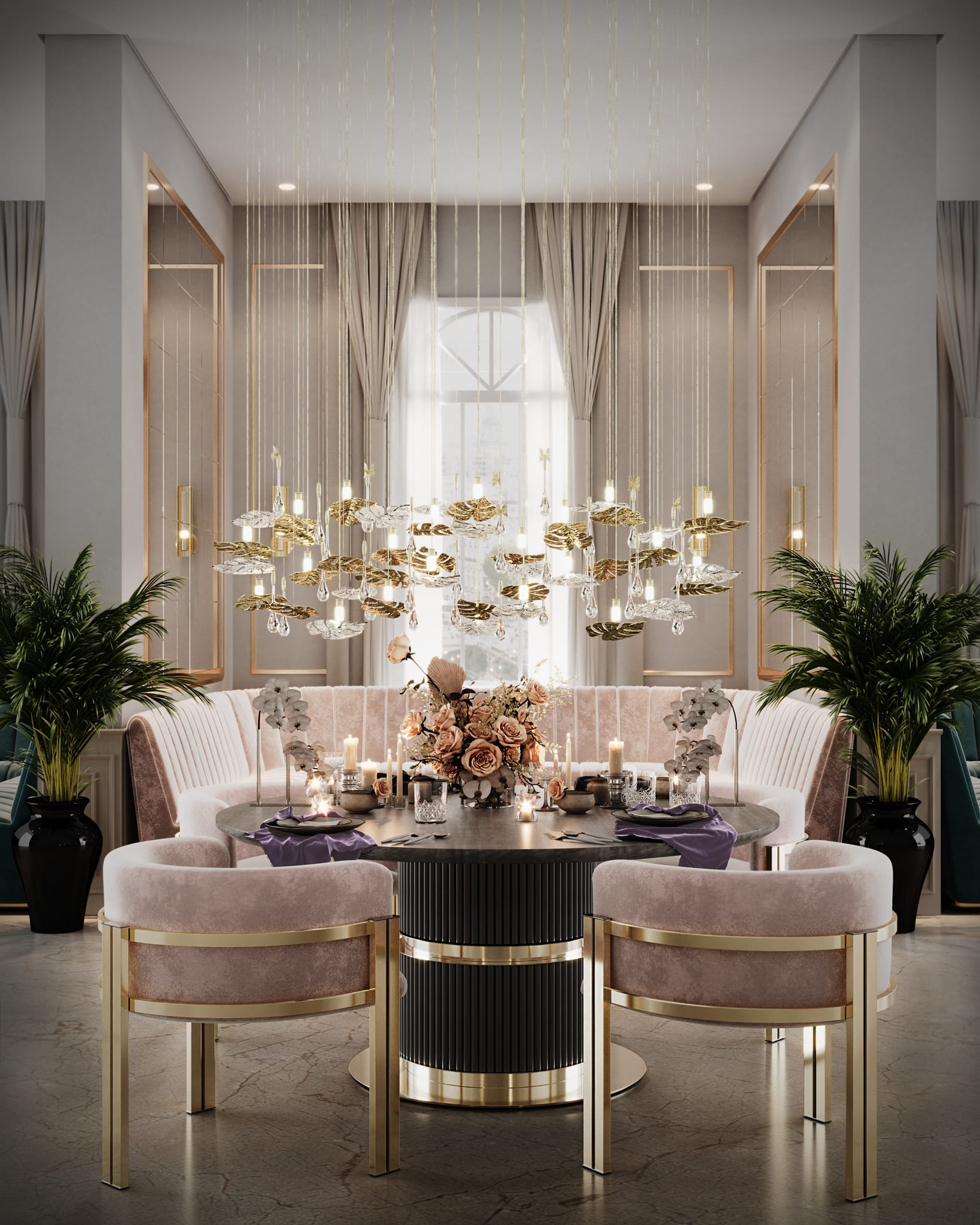 A refined dining area featuring the Rainforest Suspension and the Marie Chairs in Powder Pink
