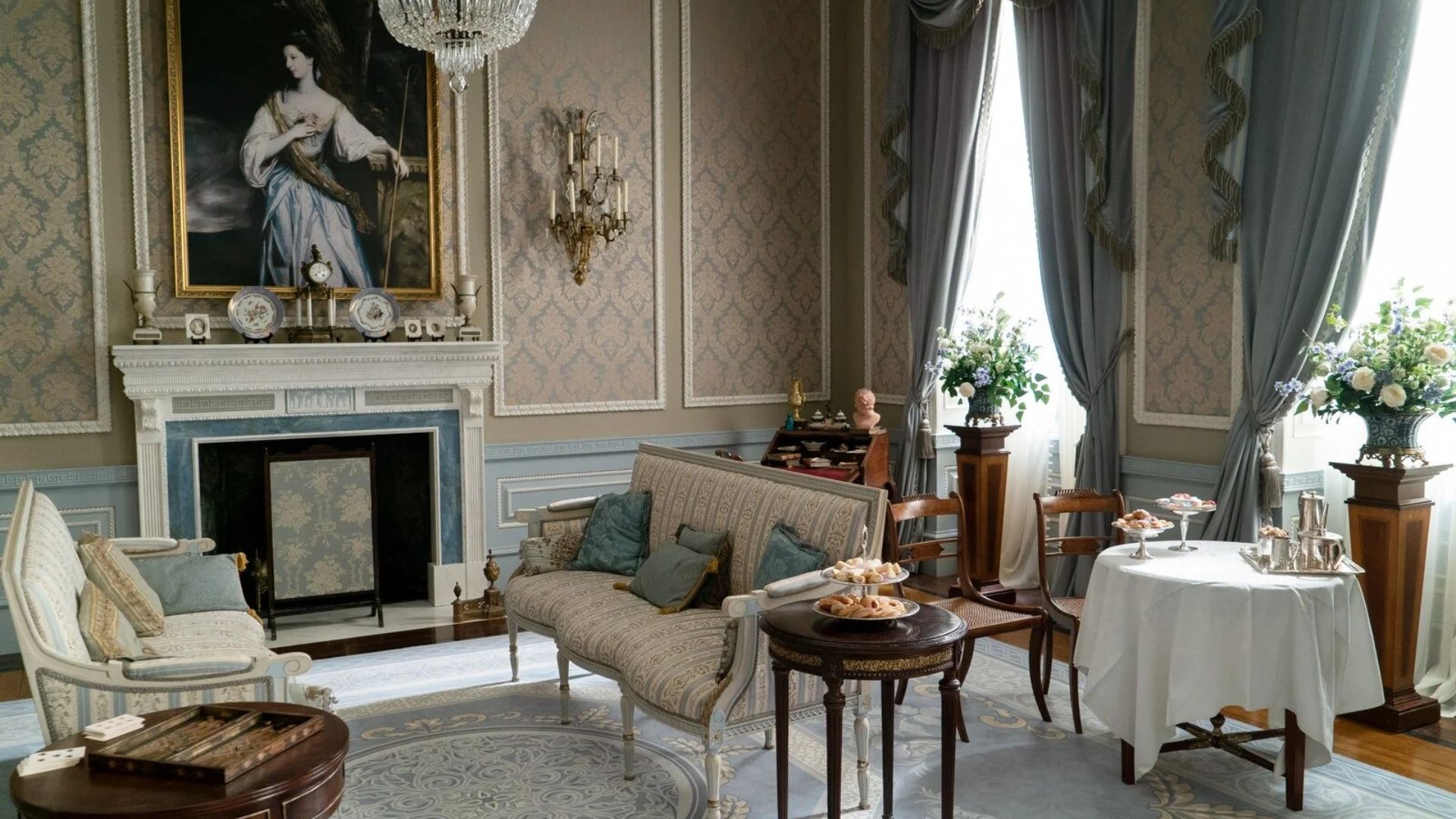 Romantic luxury interior from Netflix’s Bridgerton Season 4, showcasing soft pastel colours, decorative wall details and a refined Regency aesthetic.