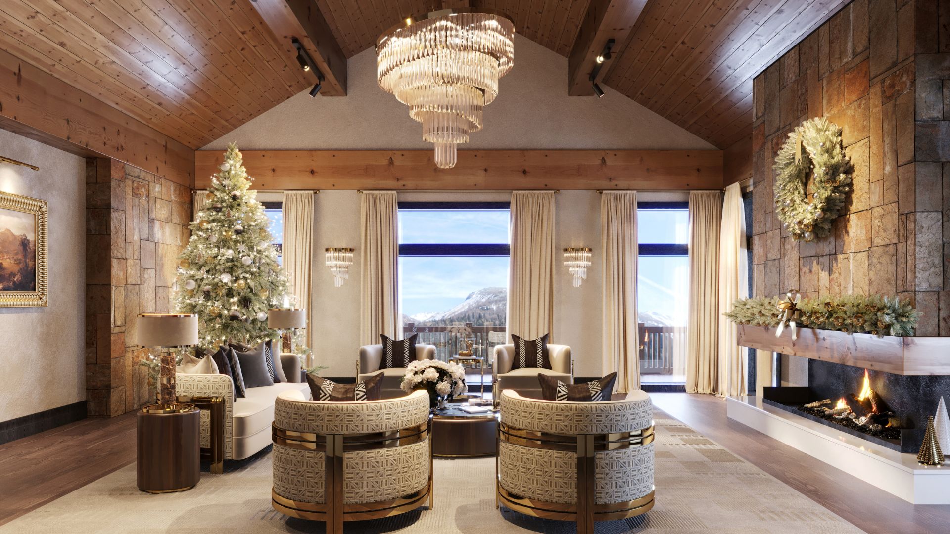 Living Room Ambiance featuring Castro Lighting Royal Suspension, Royal Wall Light, Sparta Table Lamp, Gianna Center Table, Marie Side Table, Marie Maple, Marie Sofa 