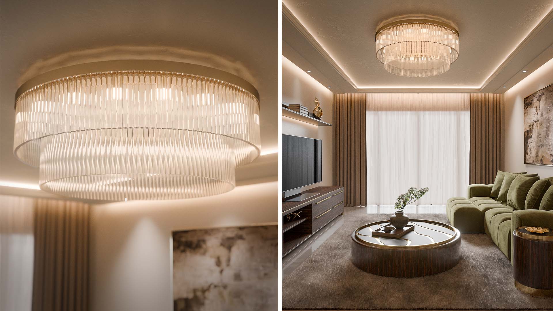 Luxury circular ceiling light with layered glass details featured in a contemporary living room with warm ambient lighting.