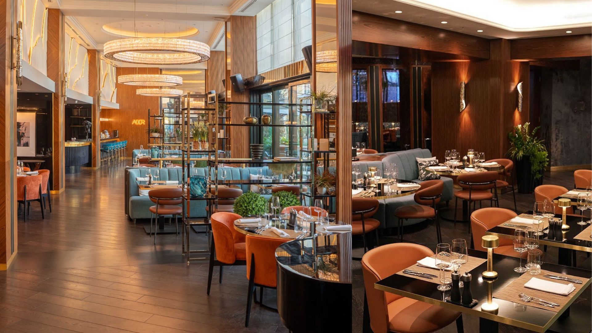 Restaurante featuring Metis Suspension Elven Wall Light, Mastery Wall Light, Chantel Table Lamp and Golden Eye Mirror |  Image Courtesy: Ador Restaurant at Intercontinental Hotel in Bulgaria