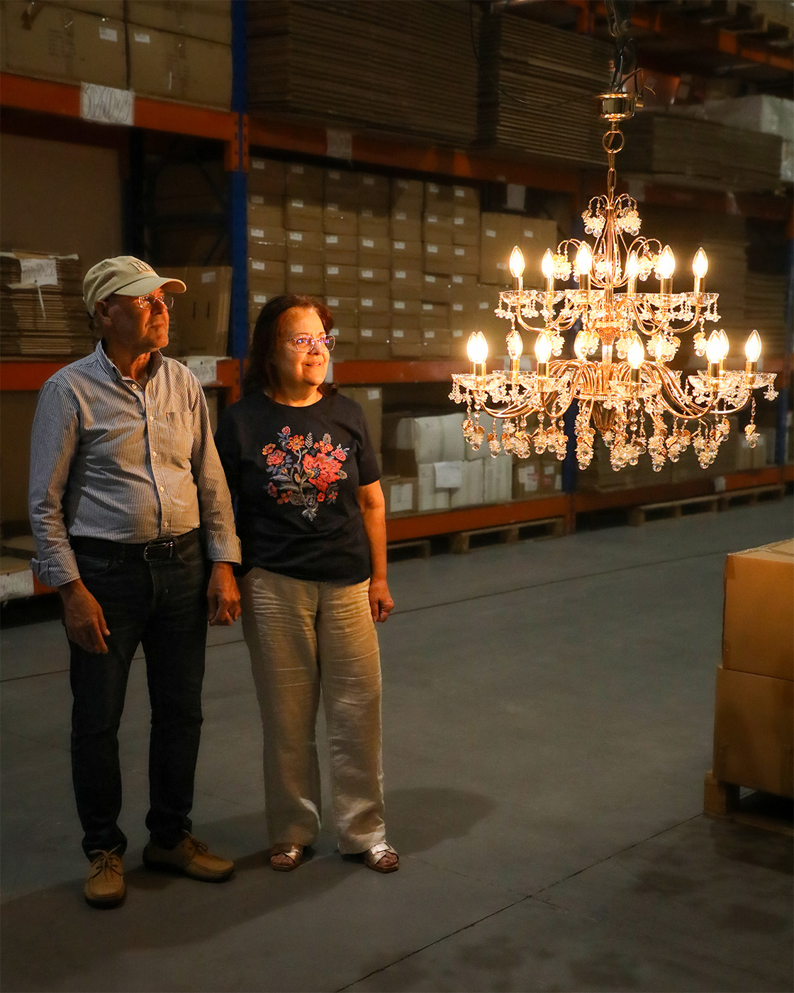 Restored Tanger Suspension chandelier in a Portuguese home, showing meticulous crystal detailing and the original finish that has endured for 38 years.