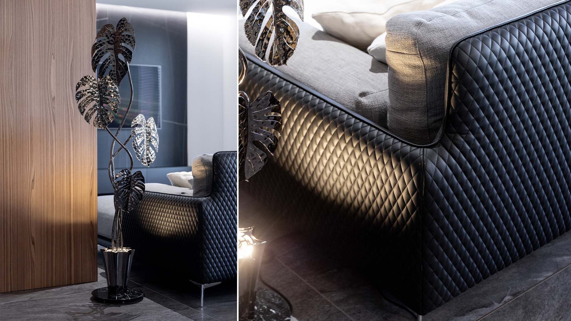 EDesign Studio interior detail featuring a quilted black sofa, soft grey upholstery and sculptural botanical lighting, highlighting the balance between texture, contrast and comfort.