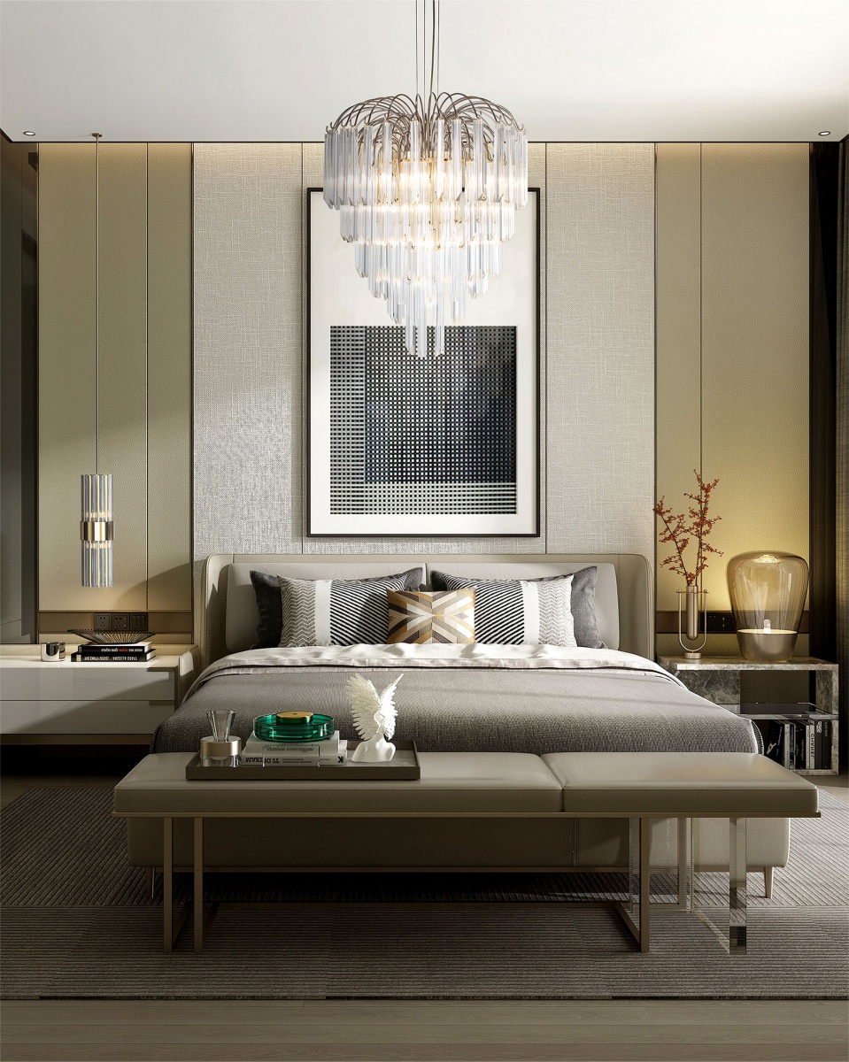 Sophistiacted bedroom design featuring Lotus Suspension by Castro Lighting