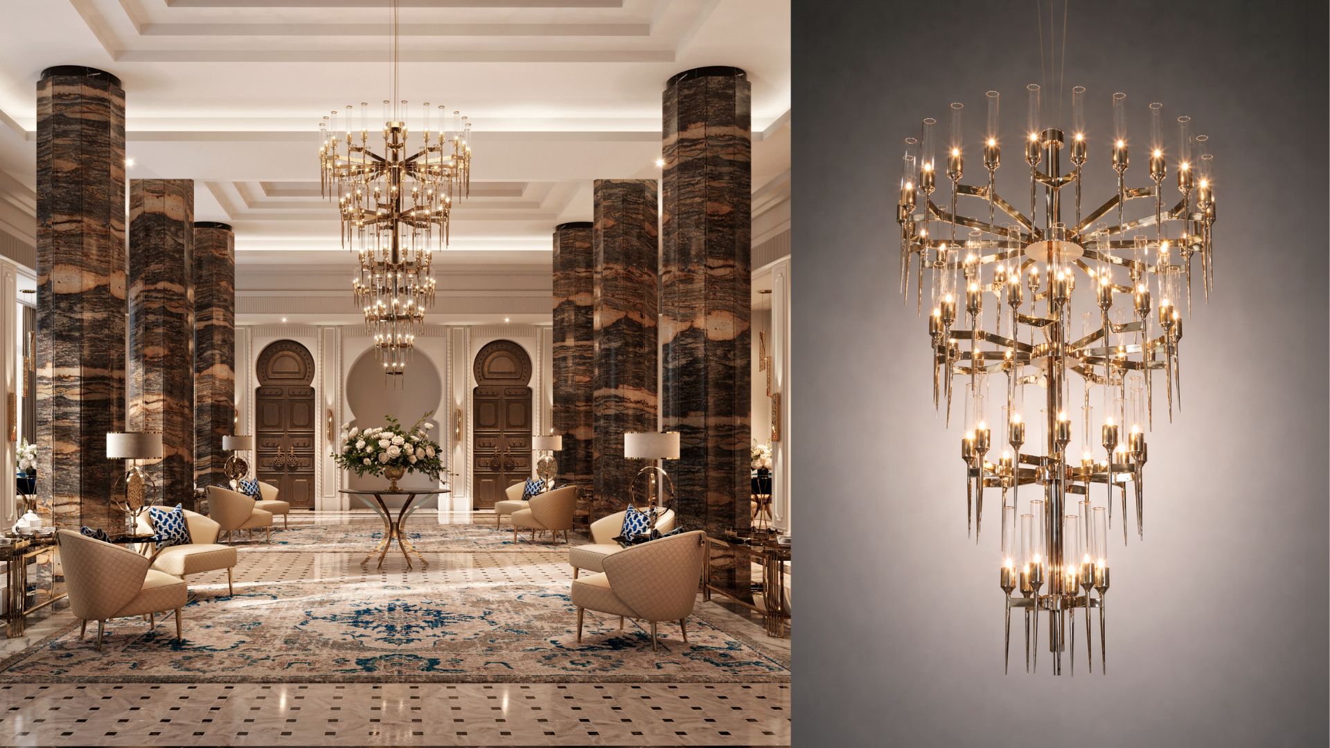 Large-scale Cielo chandelier designed for double-height ceilings with elegant layered lighting composition