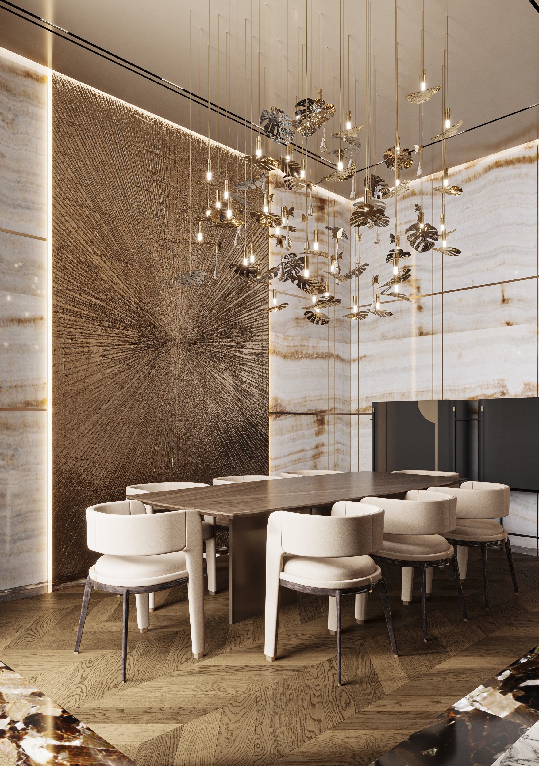 Rainforest suspension classic version with nickel and golden brass leaves, big chandelier for big spaces