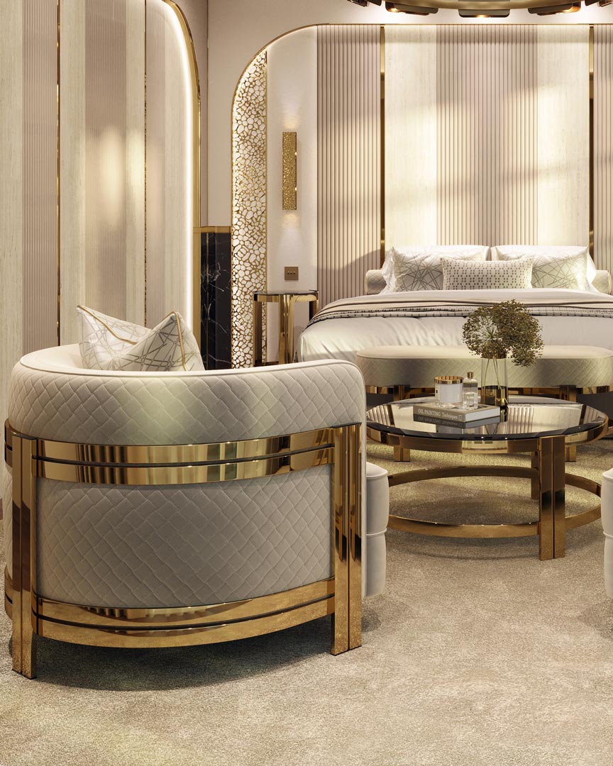 Elegant Bedroom in Neutral Earthy colours by Castro Lighting featuring Riviera Wall Lights, Safari Suspension, Marie center table