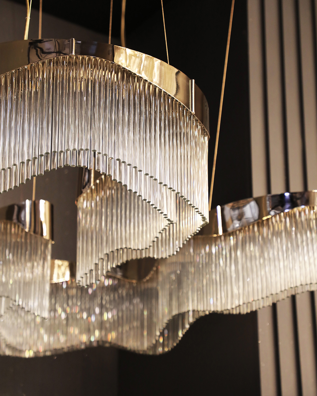 flow new chandelier, brass and glass 