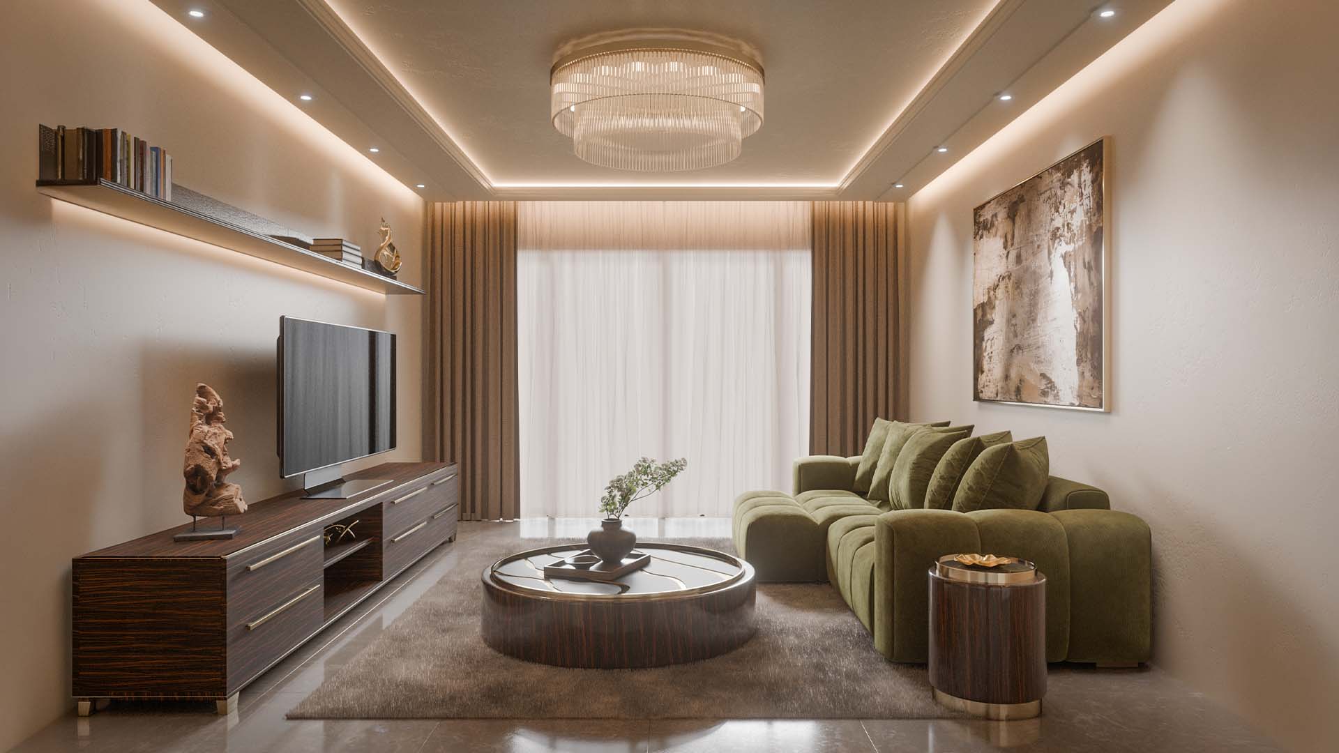 Contemporary luxury living room with a statement ceiling light, neutral tones, sculptural furniture and warm ambient lighting.